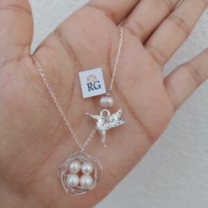 collar de nido y colibri en plata ley