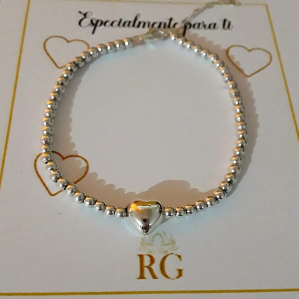 Pulsera de Bolitas con Dije de  Corazón  en Plata Ley